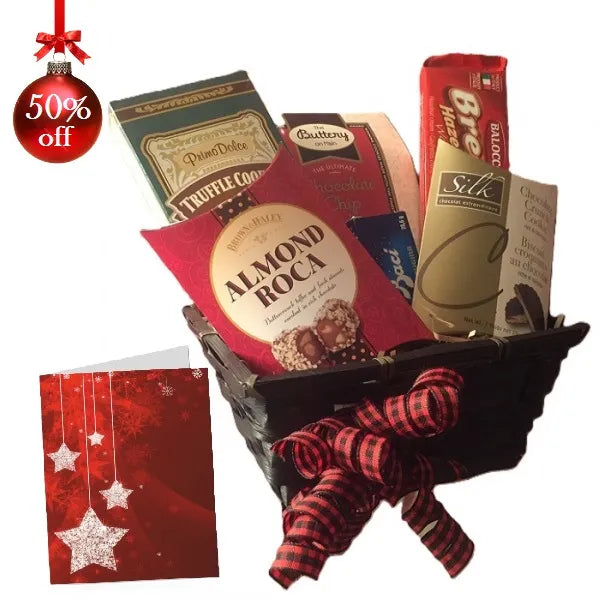 Assorted chocolates in a gift basket with 50% off tag and festive bow.