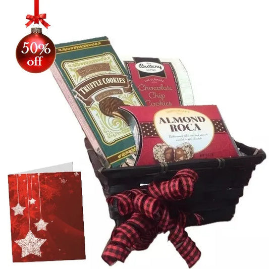Gift basket with assorted cookies on sale at 50% off, decorated with a red bow and a holiday card.