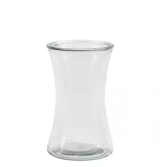 Clear, empty glass with a flared rim and tapered shape on a white background.