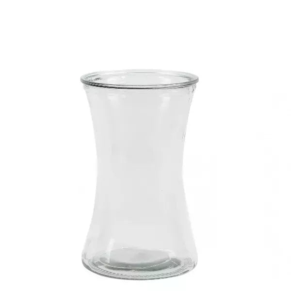 Clear, empty glass with a flared rim and tapered shape on a white background.