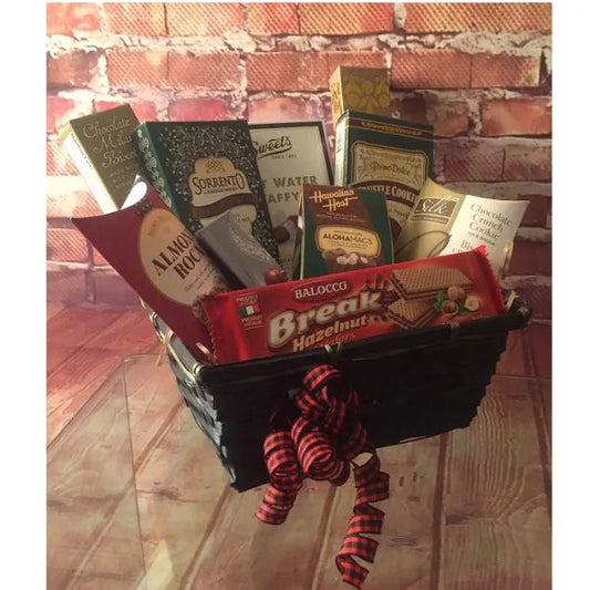 Gift basket filled with assorted cookies, wafers, and chocolates.