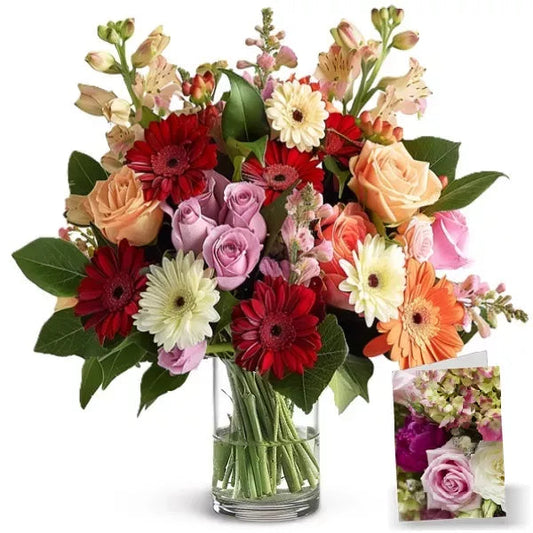 A vibrant bouquet of mixed flowers in a glass vase with a small inset image showing detail.