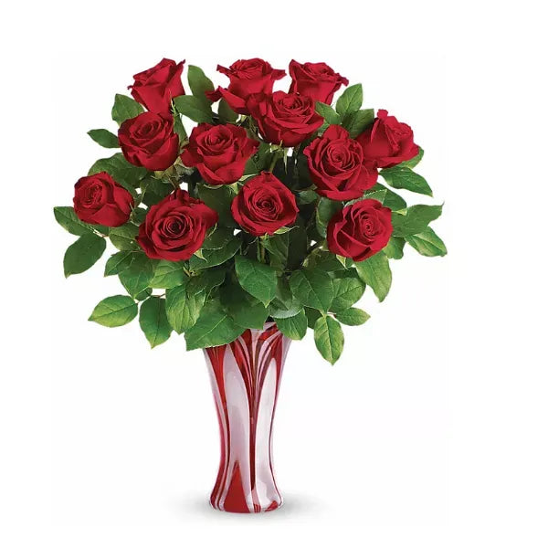 12 red roses bouquet in a vase