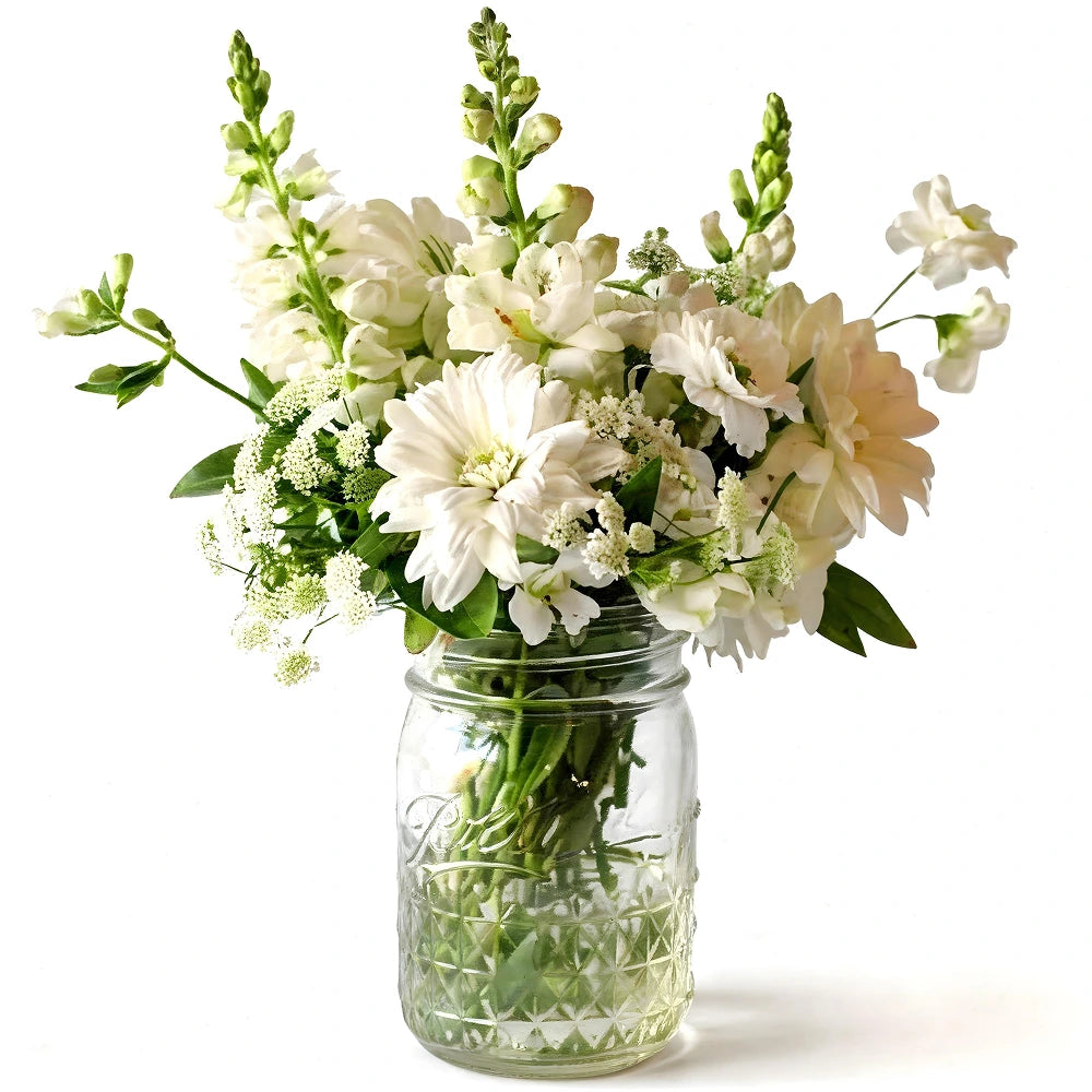 Classic Whites in Mason Jar - Flower Delivery New Zealand
