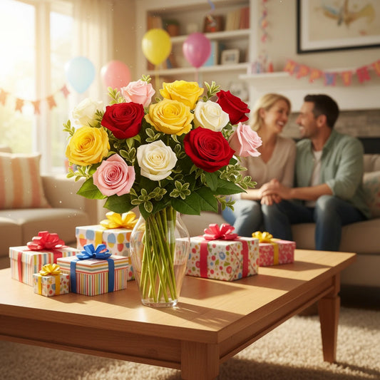 One Dozen Assorted Roses, Vase & Card Combo