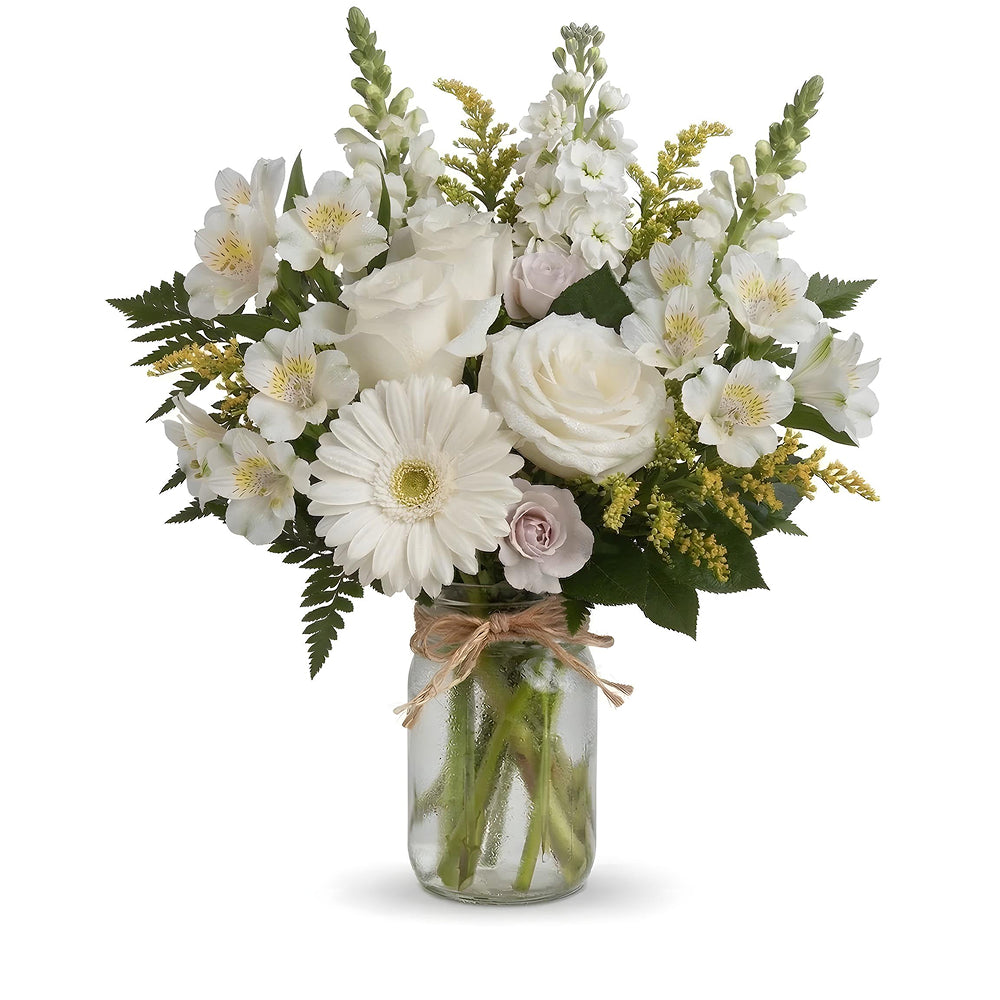 Peaceful Clouds in Mason Jar – flower bouquet by Mel's Flowers New Zealand
