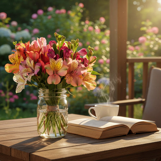 Thirty Blooms of Alstroemeria in Mason Jar
