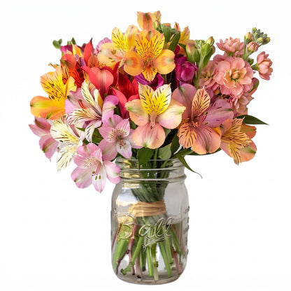 Thirty Blooms of Alstroemeria in Mason Jar