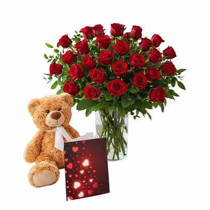 Three Dozen Long Stem Red Rose Combo - Flower Delivery New Zealand