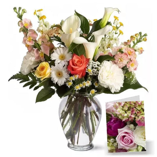 A vibrant bouquet of mixed flowers in a glass vase with a close-up inset of roses.