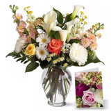 A vibrant bouquet of mixed flowers in a glass vase with a close-up inset of roses.