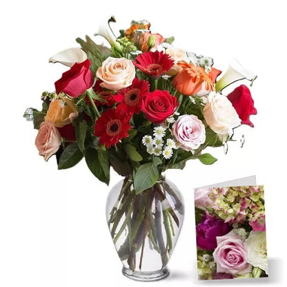 Bouquet of assorted flowers in a vase, with a picture of a different bouquet in the corner.