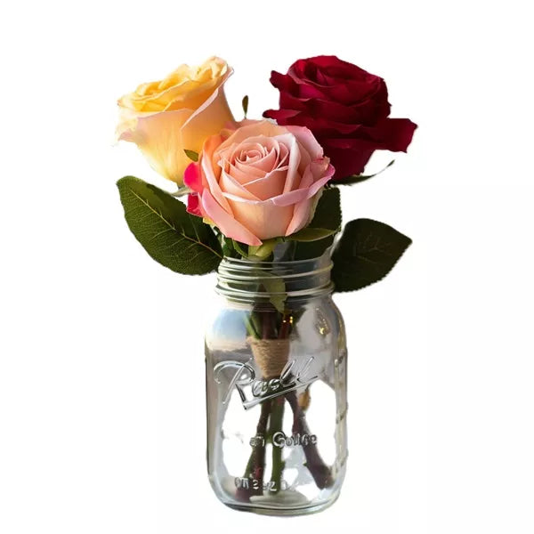 Three roses in a glass jar: one yellow, one pink, and one red.