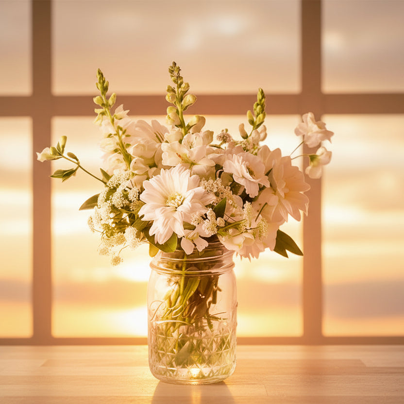 A bouquet of white flowers in a mason jar on a white background.