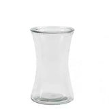 Clear, empty glass with a flared rim and tapered shape on a white background.
