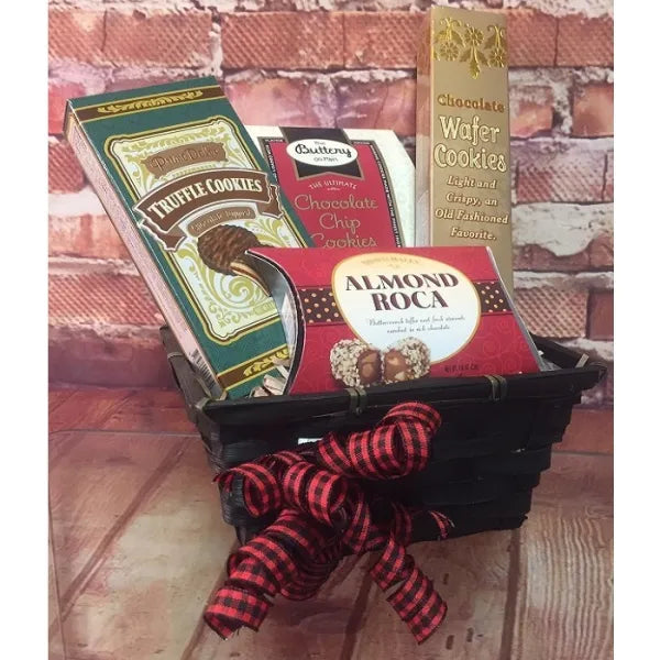 Gift basket with truffle cookies, chocolate chip cookies, wafers, and almond roca.