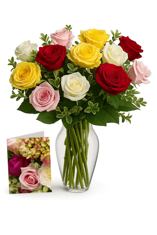 One Dozen Assorted Roses, Vase & Card Combo