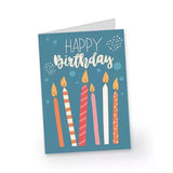 Birthday card with "Happy Birthday" text and illustrated candles on a blue background.