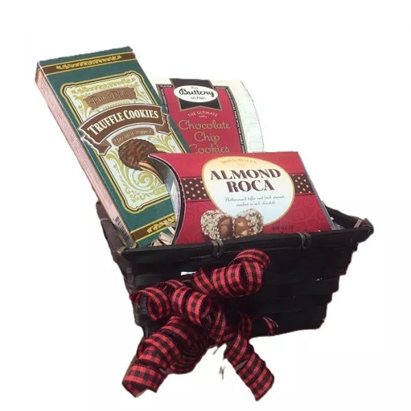 Gift basket with assorted cookies and chocolates, adorned with a red and black ribbon.
