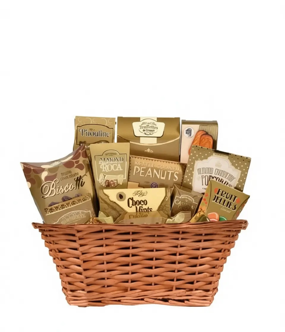 Wicker gift basket filled with various snack items