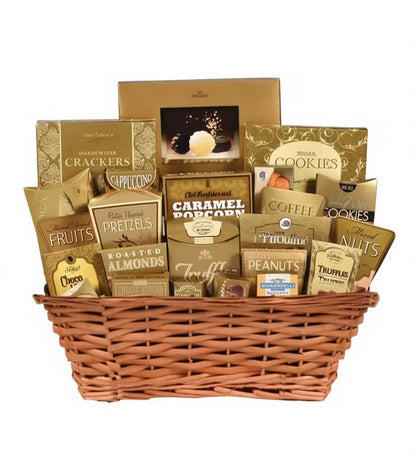 Gourmet gift basket with various snack items in a wicker basket