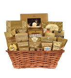 Gourmet gift basket with various snack items in a wicker basket