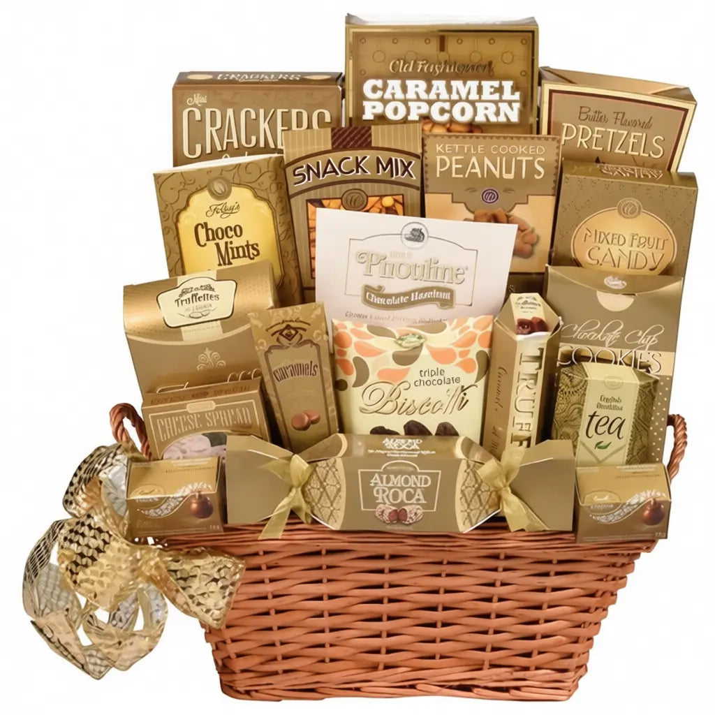 Luxury holiday gift basket with caramel popcorn, cookies, truffles, and assorted snacks in a gold-themed wicker basket.