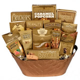 Gourmet snack basket with various packaged snacks